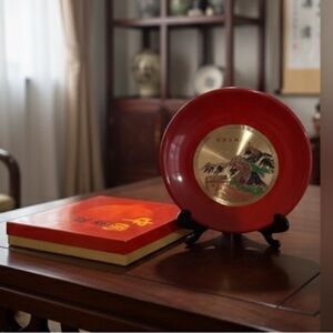 Red Chinese Lacquer  Decorative plate with stand